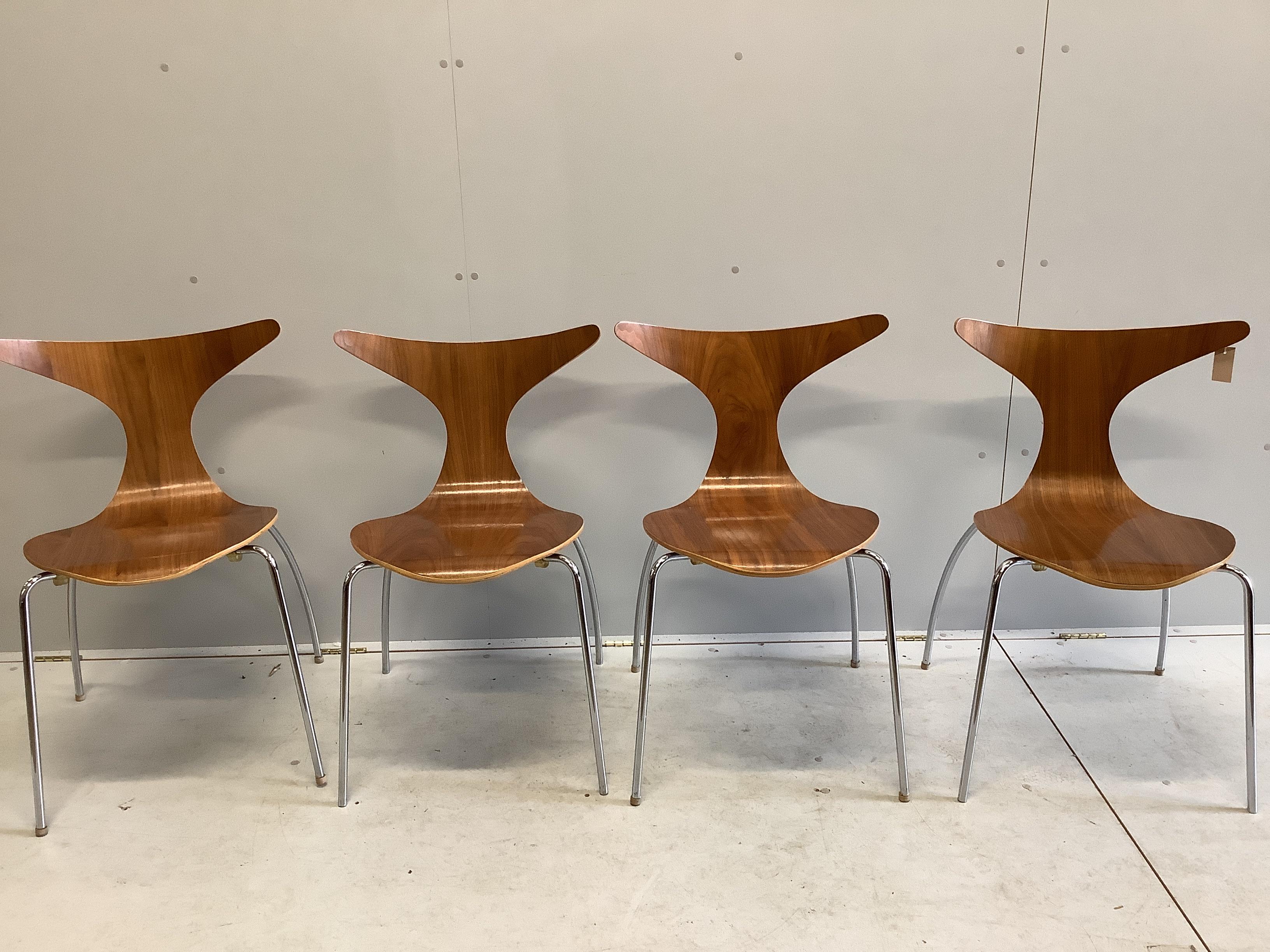 Bjarke Nielsen for Dan Form Denmark, a set of four walnut and chrome chairs, width 54cm, depth 42cm, height 80cm